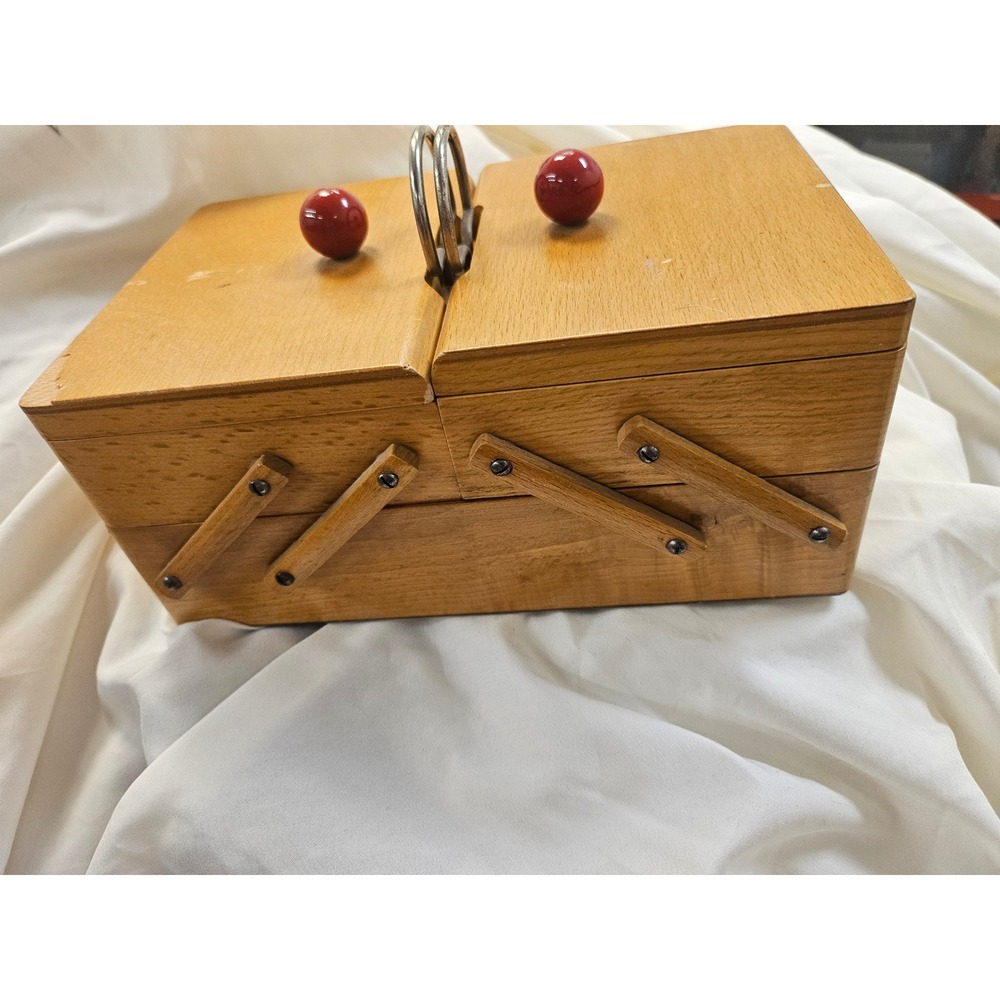 Vintage Wooden Accordion Sewing Box Cantilever 3 Tier Storage Chest Red Knobs